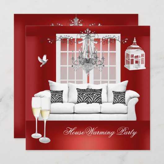 HouseWarming Red White Champagne Chandelier Kaart (Voorkant / Achterkant)