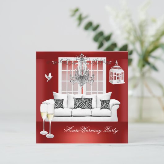 HouseWarming Red White Champagne Chandelier Kaart (Staand voorkant)