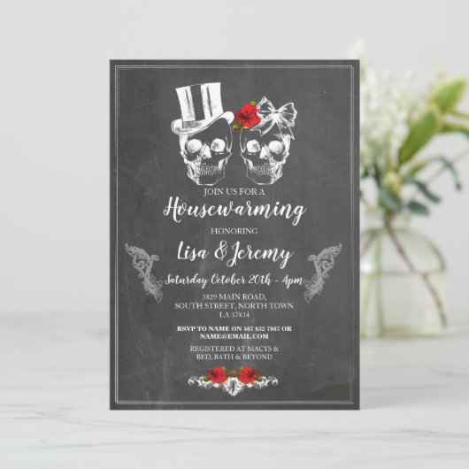Housewarming Roos schedels nodigen krijt Halloween Kaart (Staand voorkant)