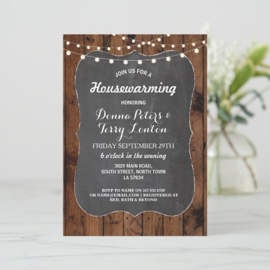 Housewarming Rustige lights Wood Chalk Invite Kaart (Staand voorkant)