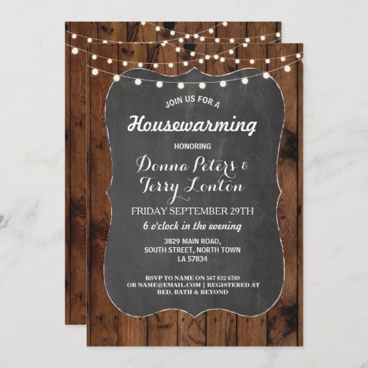 Housewarming Rustige lights Wood Chalk Invite Kaart (Voorkant / Achterkant)