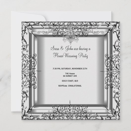 HouseWarming Silver White Champagne Chandelier Kaart (Achterkant)