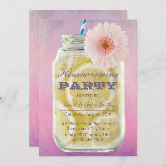 Housewarming Summer Lemonade Mason Jar Waterverf Kaart (Voorkant / Achterkant)