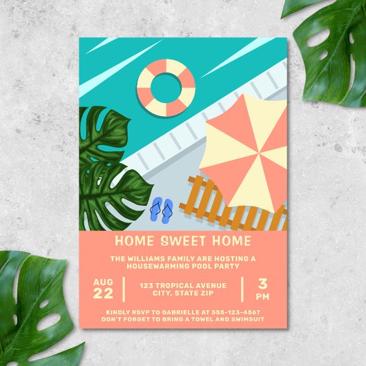 Housewarming Zwembad Party Tropische Zwembad Scène Kaart