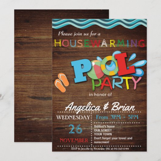 Housewarming Zwembad Party Uitnodiging (Voorkant / Achterkant)