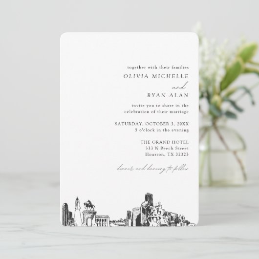 Houston bruiloft elegante skyline uitnodiging (Staand voorkant)