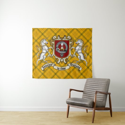 Houston Clan Badge & Unicorns w/Tartan Wandkleed (In Situ (horizontaal))