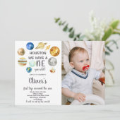 Houston Outer Space verjaardagsuitnodiging met fot Kaart (Staand voorkant)