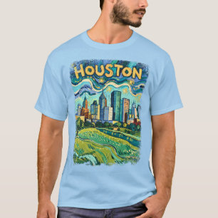 Houston Silhouette Kleurrijke Van Gogh Stadsgezich T-shirt