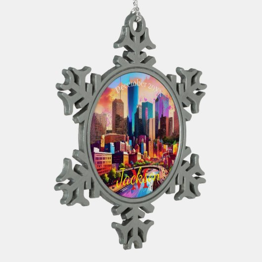 Houston Skyline Abstracte kunst Tin Sneeuwvlok Ornament (Links)