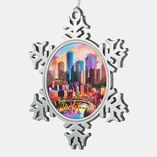 Houston Skyline Abstracte kunst Tin Sneeuwvlok Ornament (Rechts)