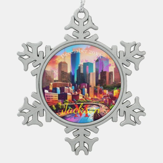 Houston Skyline Abstracte kunst Tin Sneeuwvlok Ornament (Voorkant)