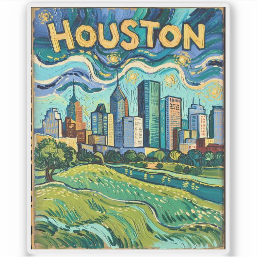 Houston Skyline Landmark Colorful Van Gogh Vintage Sticker (Voorkant)