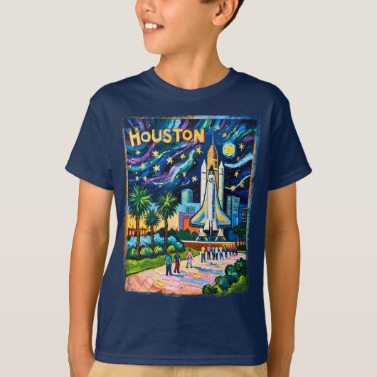 Houston Skyline Space Center Rocket Van Gogh Kids T-shirt (Voorkant)
