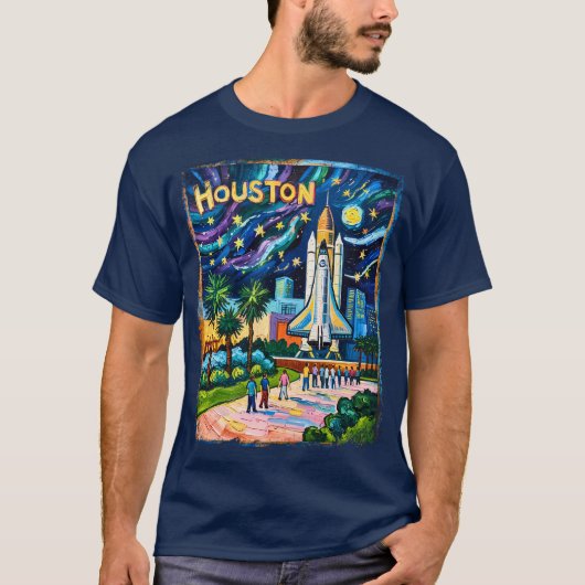 Houston Skyline Space Center Rocket Van Gogh Kids T-shirt (Voorkant)