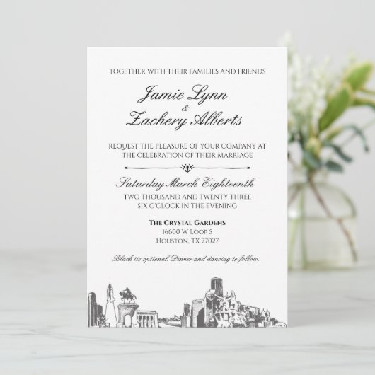 Houston Skyline Wedding Uitnodiging (Staand voorkant)