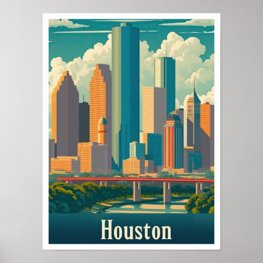 Houston Texas Art Vintage Travel Illustratie Poster (Voorkant)