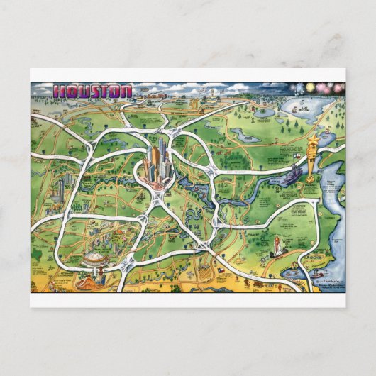 Houston Texas Cartoon Map Briefkaart (Voorkant)