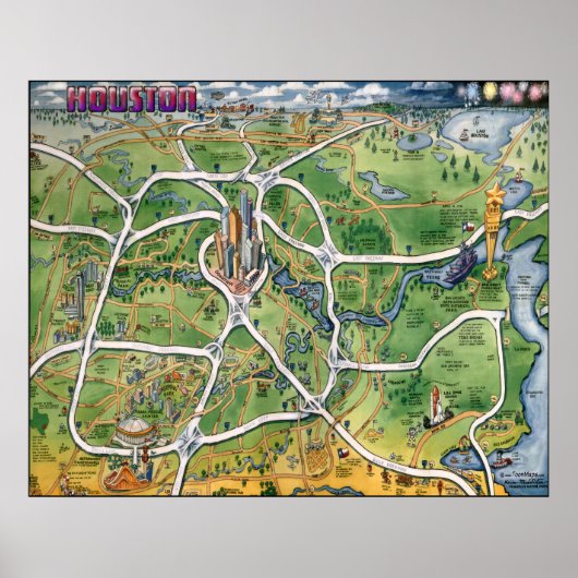 Houston Texas Cartoon Map Poster (Voorkant)