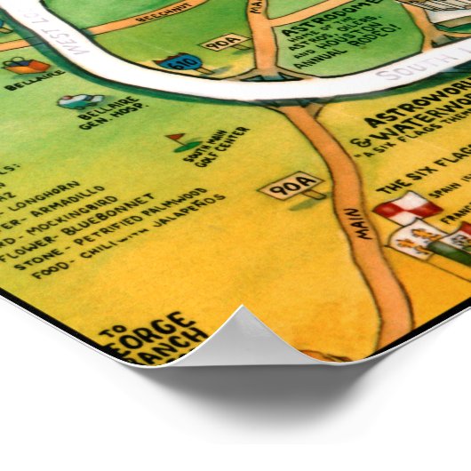 Houston Texas Cartoon Map Poster (Hoek)