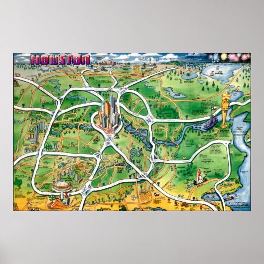 Houston Texas Cartoon Map Poster (Voorkant)