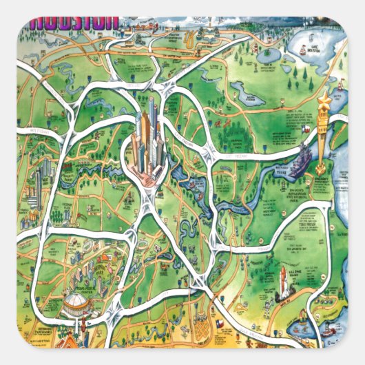 Houston Texas Cartoon Map Vierkante Sticker (Voorkant)