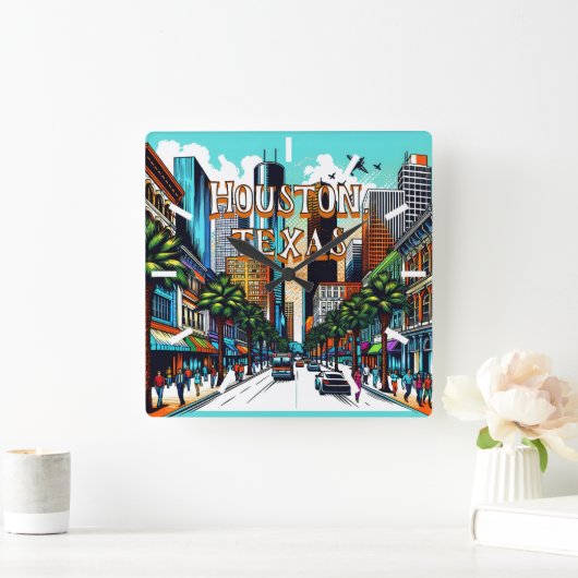 Houston, Texas Downtown Uitzicht Abstracte kunst Vierkante Klok (Huis)