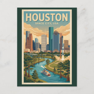 Houston Texas Illustratie Reis Kunst Vintage Briefkaart