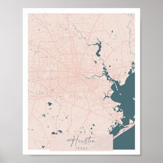 Houston Texas Pink and Blue Cute Script Street Map Poster (Voorkant)