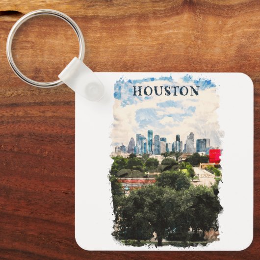 Houston Texas  Retro Travel Waterverf Sleutelhanger (Voorkant)