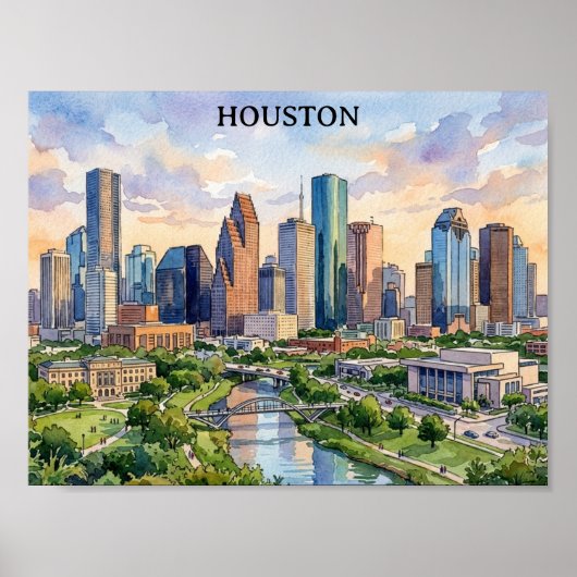 Houston Texas Retro Watercolor Kunstwerk Poster (Voorkant)