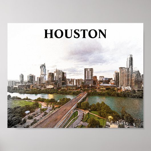 Houston Texas Vintage Travel City Waterverf Poster (Voorkant)