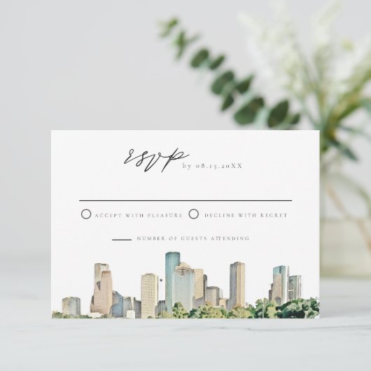 HOUSTON Waterverf Skyline Wedding RSVP Uitnodiging (Staand voorkant)