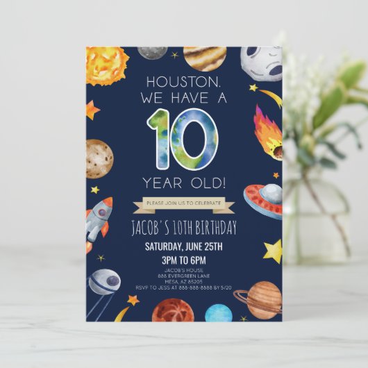 Houston We Have A 10 Year Old 10th Birthday Party Kaart (Staand voorkant)