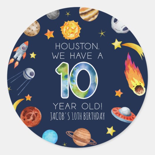 Houston We Have A 10 Year Old 10th Birthday Party Ronde Sticker (Voorkant)