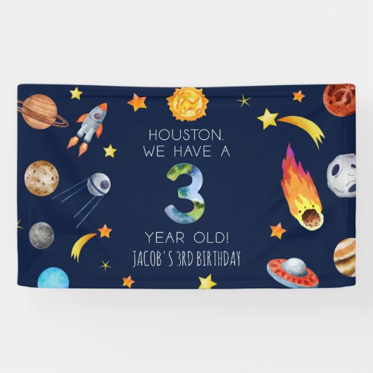 Houston We Have A 3 Year Old 3de Verjaardagsfeestj Spandoek (Horizontaal)