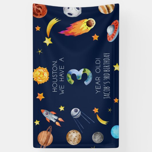 Houston We Have A 3 Year Old 3de Verjaardagsfeestj Spandoek (Verticaal)