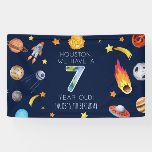 Houston We Have A 7 Jaar Verjaardagsfeestje Spandoek (Horizontaal)