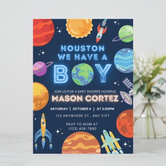 Houston We Have A Boy Outer Space Invitation Baby (Staand voorkant)