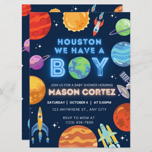 Houston We Have A Boy Outer Space Invitation Baby (Voorkant / Achterkant)