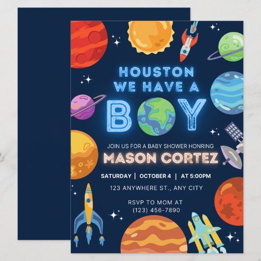 Houston We Have A Boy Outer Space Invitation Baby  (Voorkant / Achterkant)