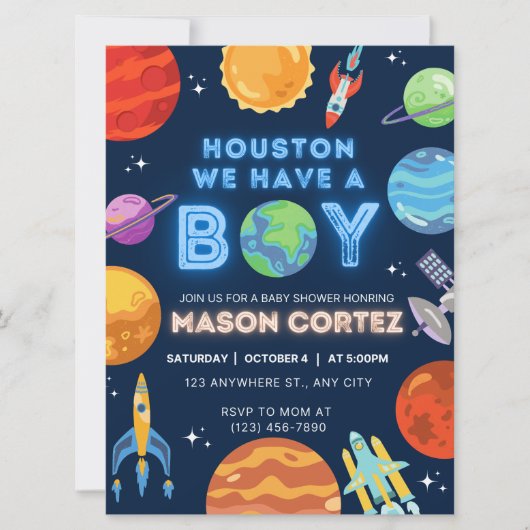 Houston We Have A Boy Outer Space Invitation Baby (Voorkant)