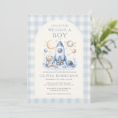 Houston We Have a Boy QR Code Baby Shower Kaart (Staand voorkant)