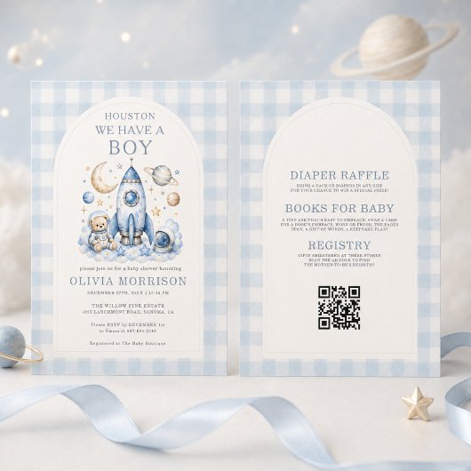 Houston We Have a Boy QR Code Baby Shower Kaart