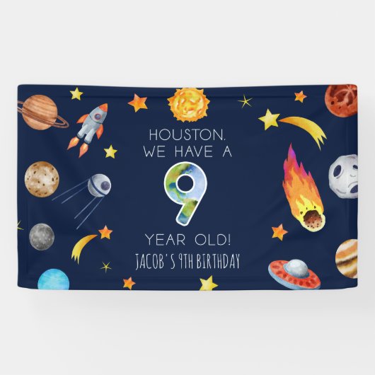 Houston We Have een 9 Jaar Oude 9e Verjaardagsfees Spandoek (Horizontaal)
