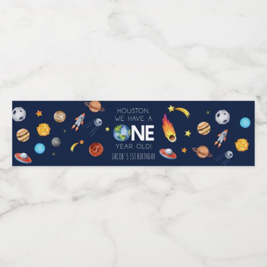 Houston We hebben een 1 jaar oud 1e verjaardagsfee Waterfles Etiket (Enkel label)