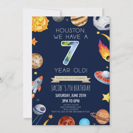 Houston We hebben een 7-jarig 7e verjaardagsfeest Kaart (Voorkant)
