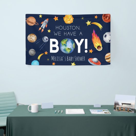 Houston We hebben een Boy Galaxy Space Baby shower Spandoek (Beurs)