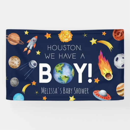 Houston We hebben een Boy Galaxy Space Baby shower Spandoek (Horizontaal)