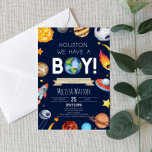Houston We hebben een Boy Space Planets Baby showe Kaart<br><div class="desc">Dit is een Houston we hebben een Boy Outer Space Planets Galaxy Blue Baby shower Invitation!</div>